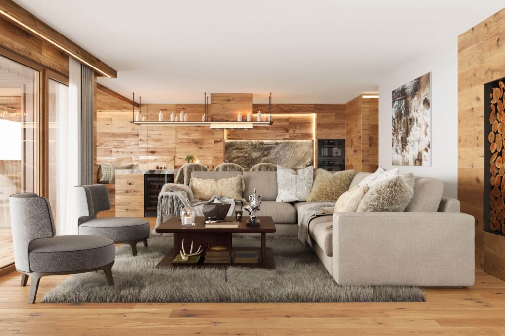 Wohn-3D-Rendering des Wohnzimmers eines Berghauses, mit einem modernen und rustikalen Stil zugleich, beleuchtet mit viel natürlichem Licht und mehreren Kerzen