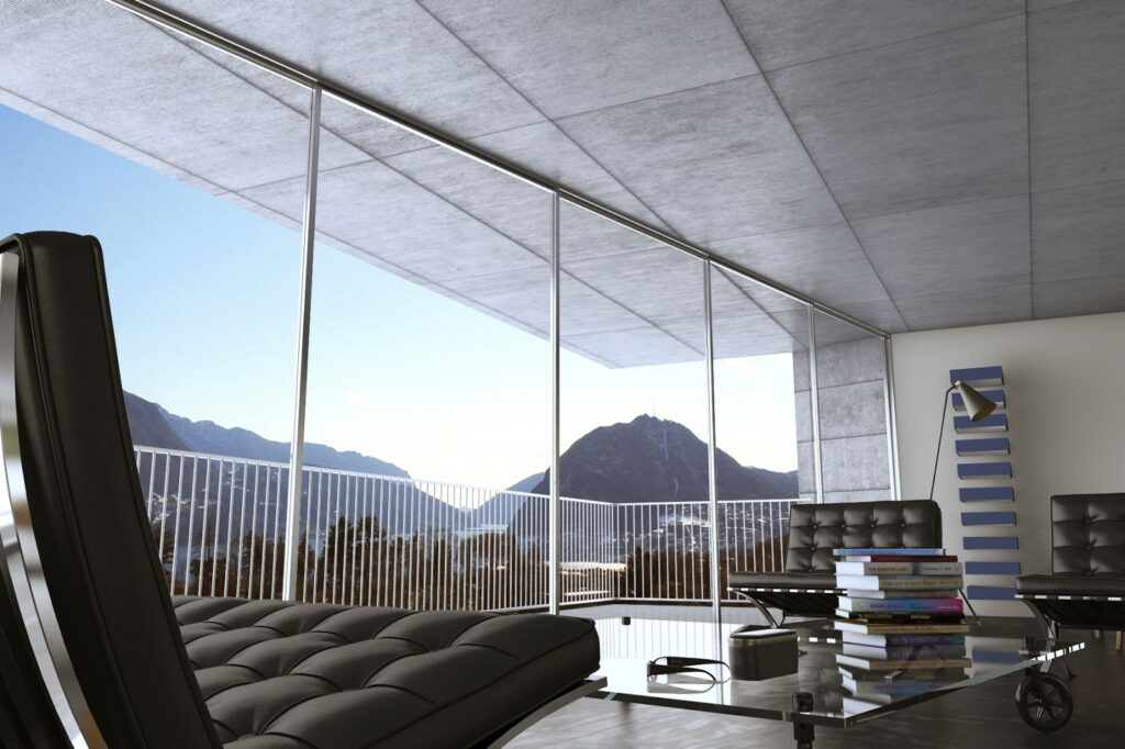 Residential 3D rendering of the Family Home and Pool with large windows leather couches and concrete floors