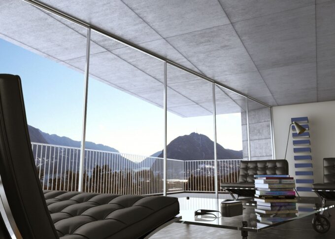 Residential 3D rendering of the Family Home and Pool with large windows leather couches and concrete floors