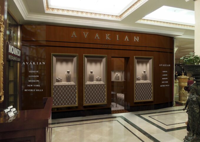 Retail 3D rendering of the elegant Avakian Jewelry Store in Moscow with very good lighting in the jewelry pieces