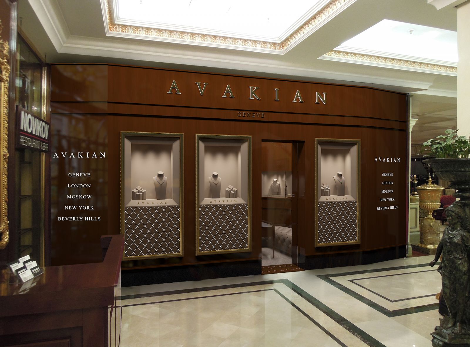 Retail 3D rendering of the elegant Avakian Jewelry Store in Moscow with very good lighting in the jewelry pieces