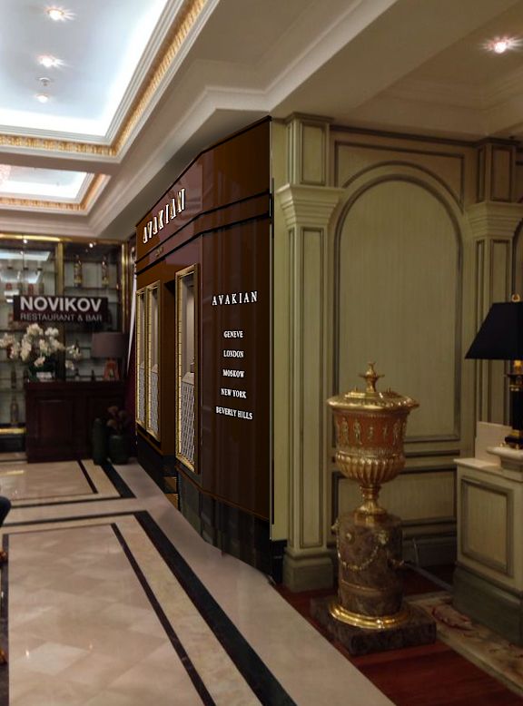 Retail 3D rendering of the Avakian Jewelry Store in Moscow designed with wooden walls and gold details
