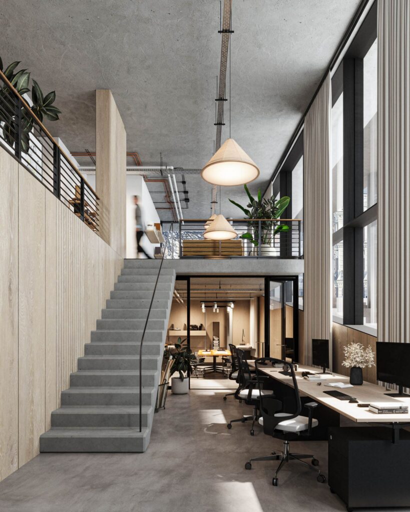 Retail 3D rendering of the Arcades office with exposed concrete floors and walls, striking staircases, and plenty of natural light