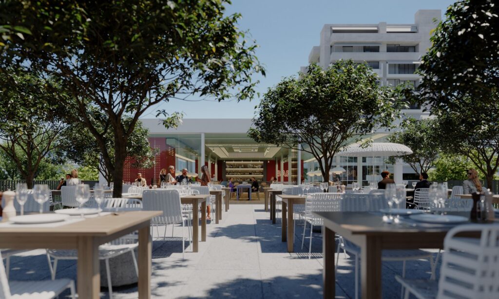 Retail 3D rendering of the La Tourelle restaurant with many wooden tables, white chairs and many trees