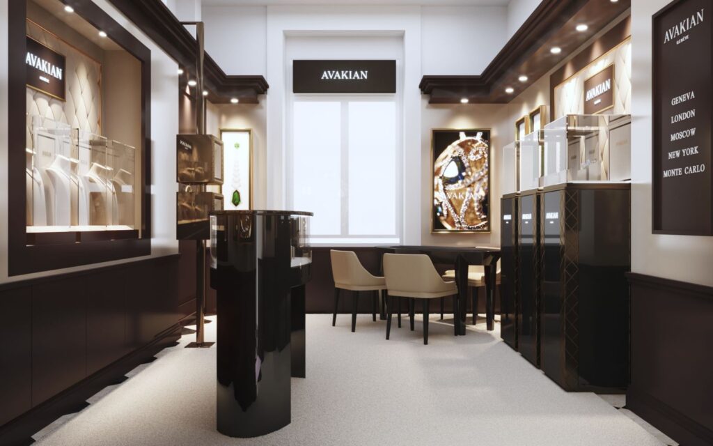 Showroom 3D rendering of the Avakian elegant and luxurious jewelry store with semi-private spaces decorated with dark-colored furniture