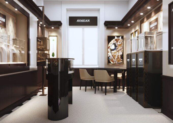 Showroom 3D rendering of the Avakian elegant and luxurious jewelry store with semi-private spaces decorated with dark-colored furniture