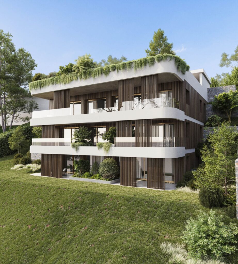 Urbanes 3D-Rendering des Mehrfamilienhauses mit Panoramabalkonen, Glasgeländern, vielen Pflanzen und geschwungenen Linien