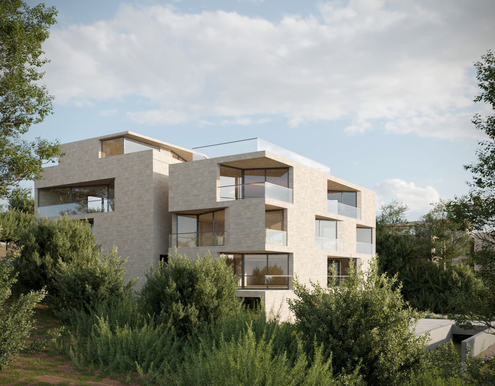 Urban 3D rendering of the Multifamily house cubic natural stone facade with organic interventions in the figure to be used as balconies