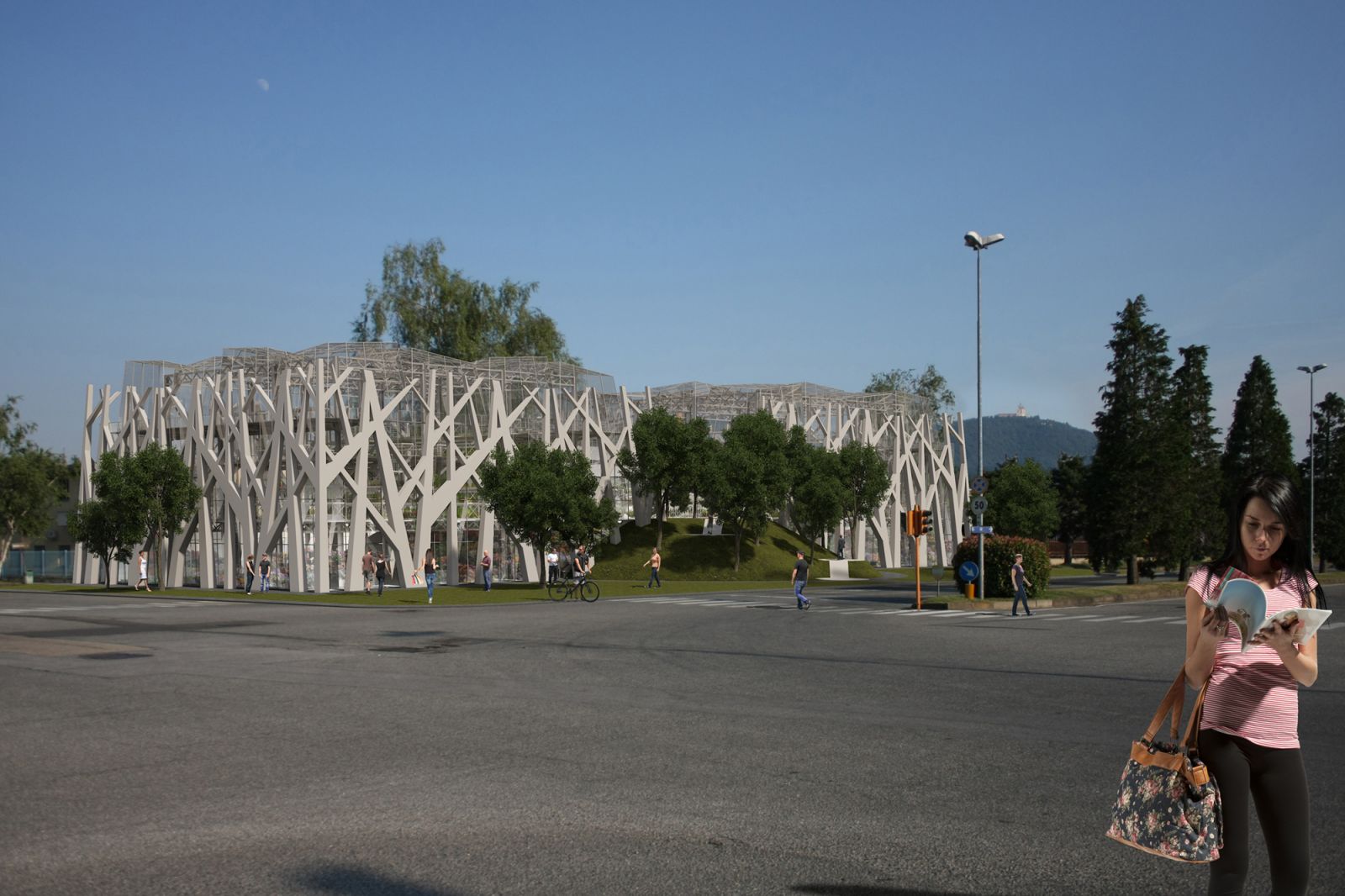 Urban 3D rendering of the Green House Concept modern and original exterior, with a gray facade with gaps and stripes