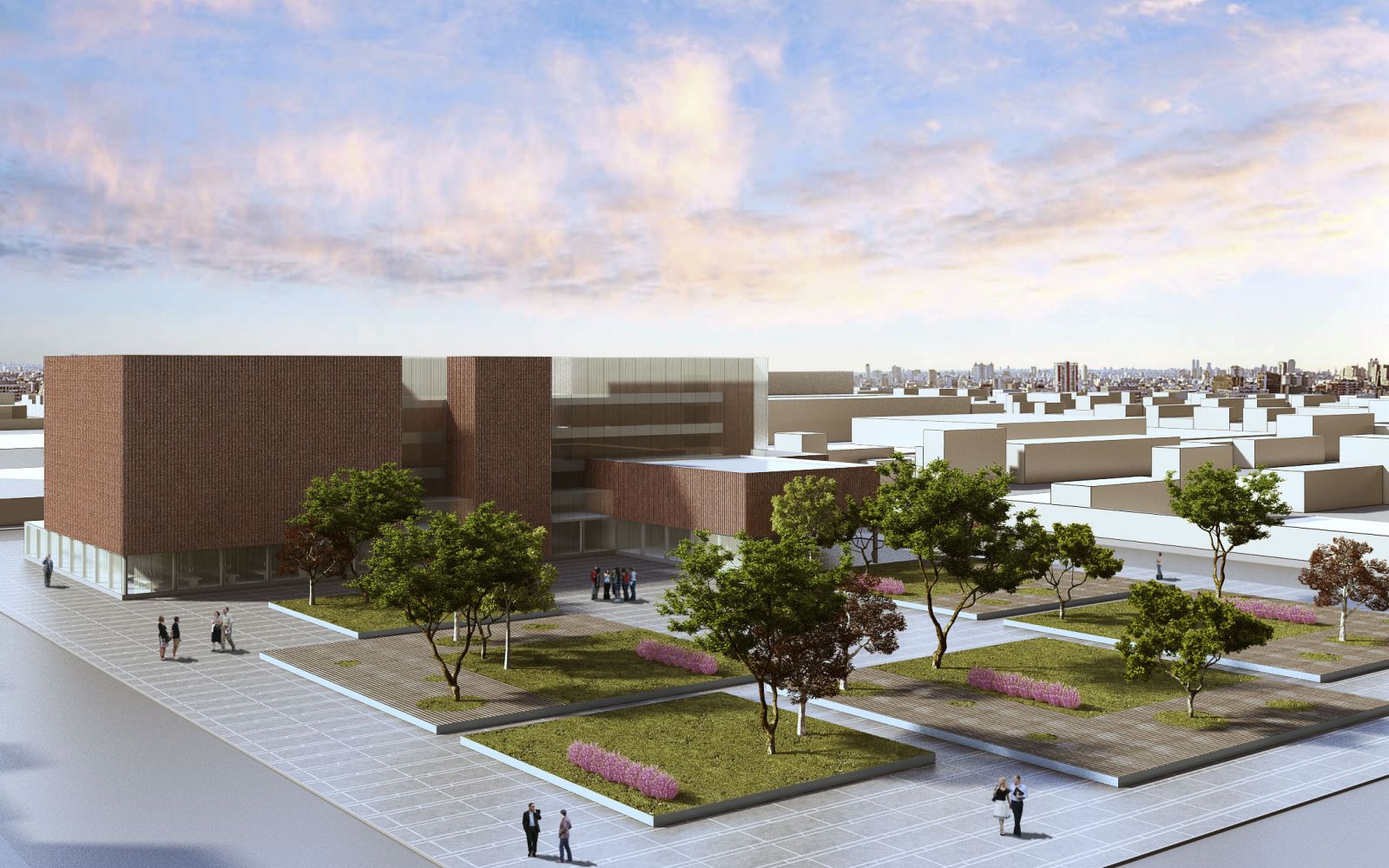 Urban 3D rendering of the National Library Argentina – Contest exterior with a park in front full of trees