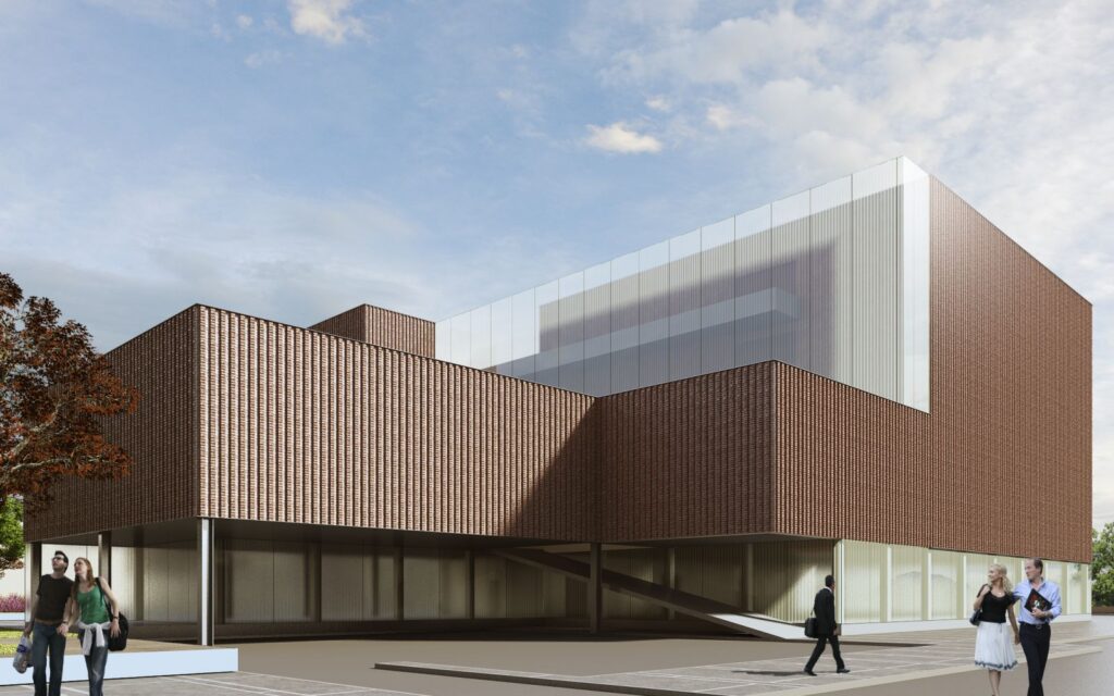 Urban 3D rendering of the National Library Argentina – Contest exterior with exposed brick walls, a ramp and glass walls