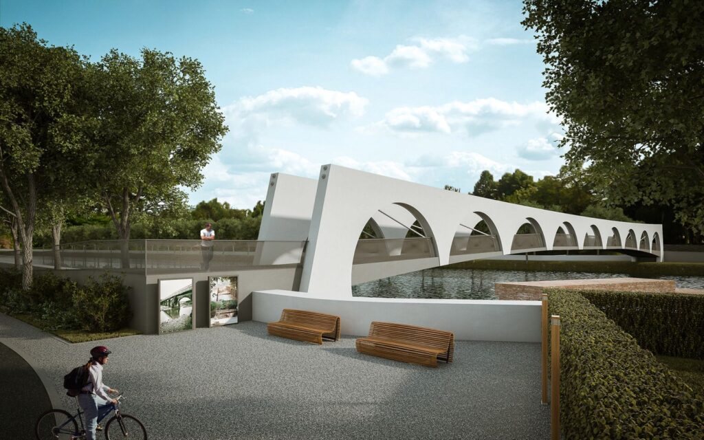 Urban 3D rendering of the Bridge Contest with large semicircles on the walls to be able to observe the water on which it is located