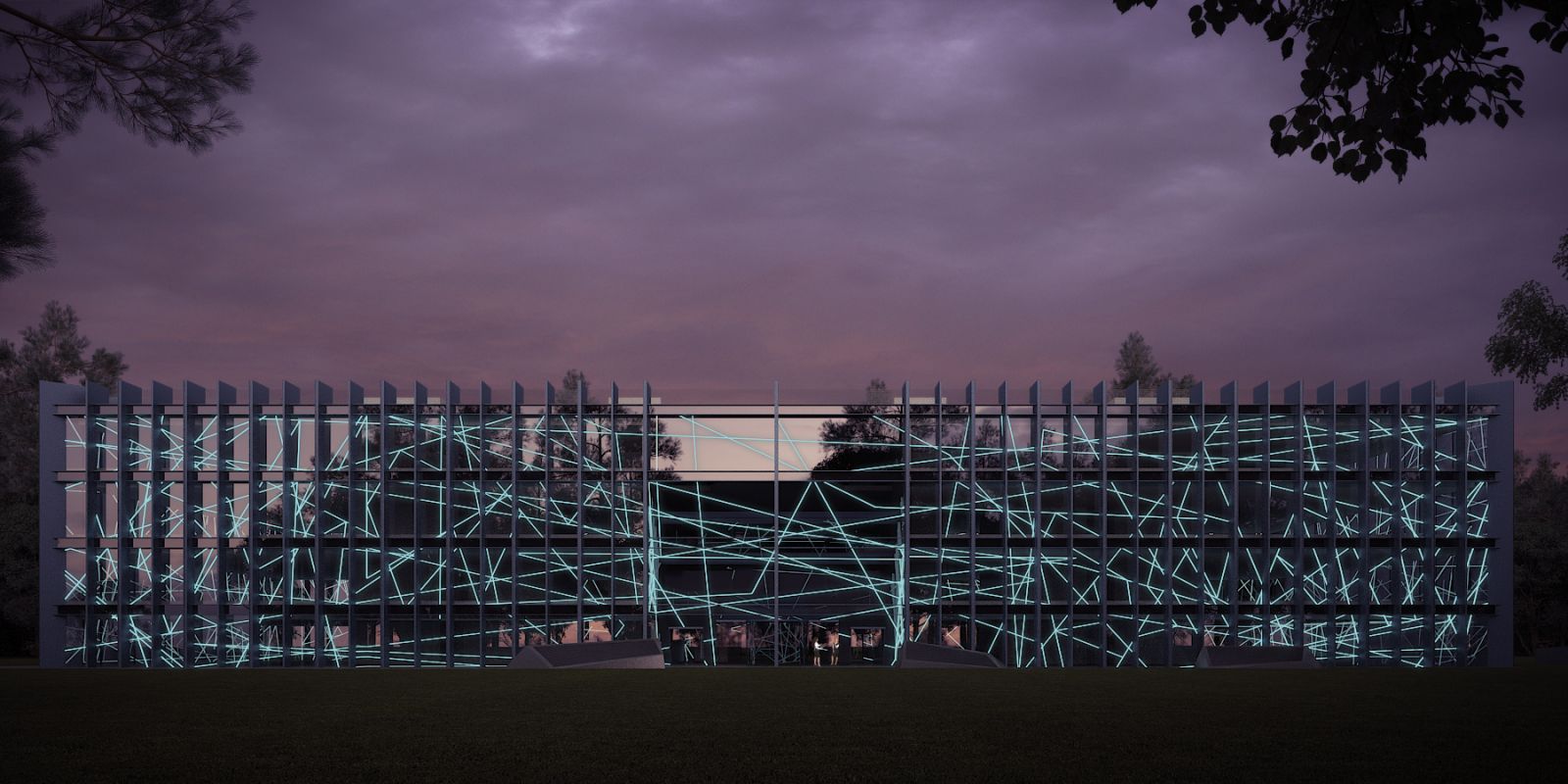 Urban 3D rendering of the Innowatio Headquarter night view of the facade all illuminated with blue lights
