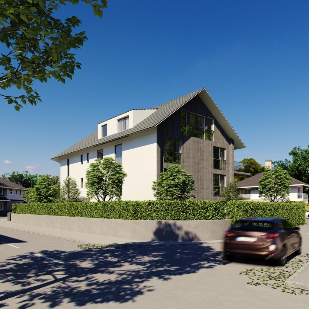 Urban 3D rendering of the New construction exterior with a gray wall, many windows, and the rest of the walls white