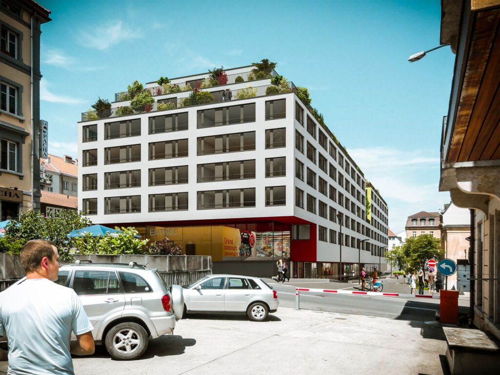 Urban 3D rendering of the Housing - La Chaux de Fonds strategically located with plants on the upper floors
