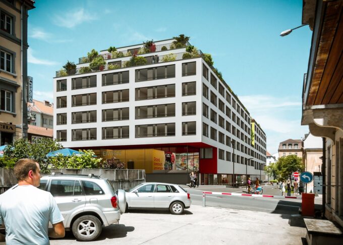 Urban 3D rendering of the Housing - La Chaux de Fonds strategically located with plants on the upper floors