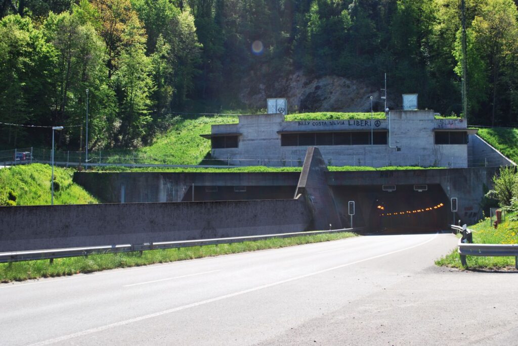 Urban 3D rendering of the Ticino Highway Guard Rail renovated tunnel with lots of internal light