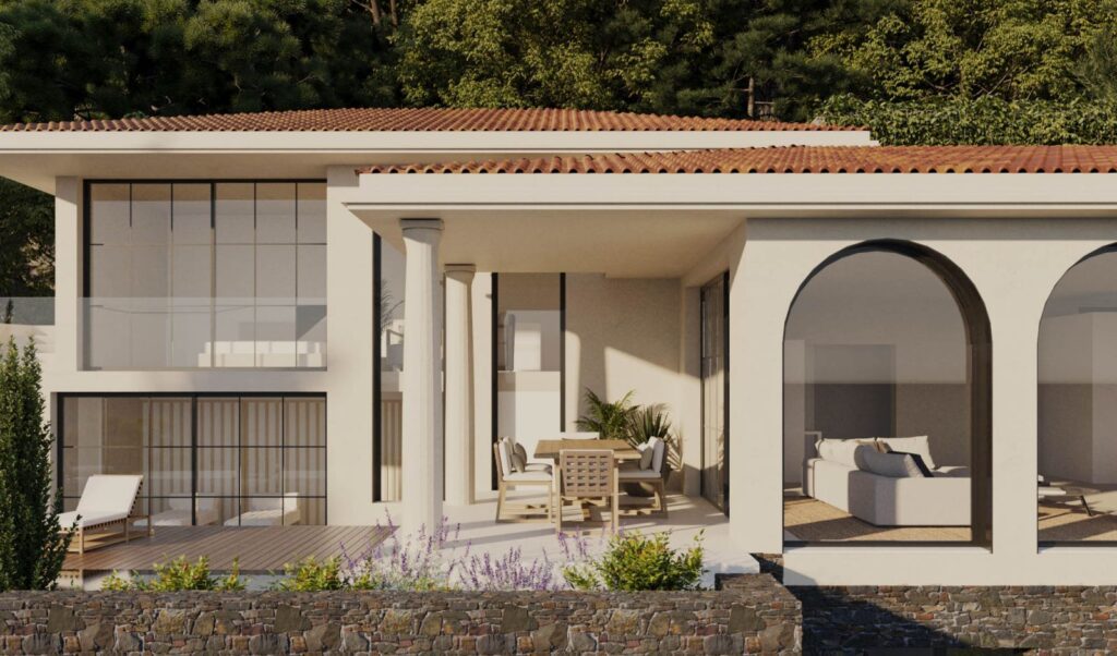 Residential 3D rendering of the Staub view of a semi-covered area, with outdoor furniture, from inside the house