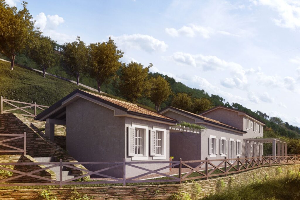 Exterior 3D rendering of the country house from ARCHITECTS CLERICI AND TUTUCCI made with concrete, showing the many windows in the design