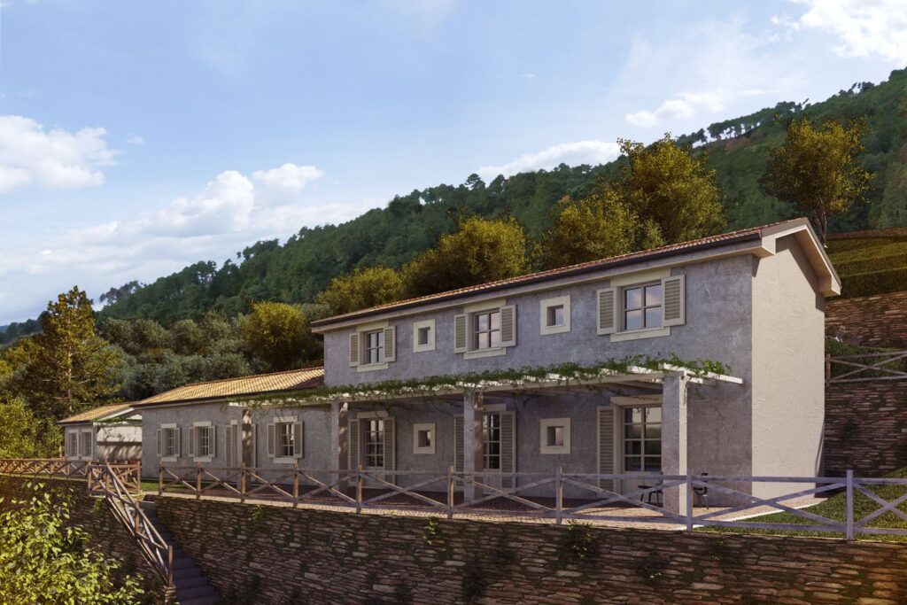 Residential 3D rendering exterior of the country house from ARCHITECTS CLERICI AND TUTUCCI, made with concrete and decorated with plants