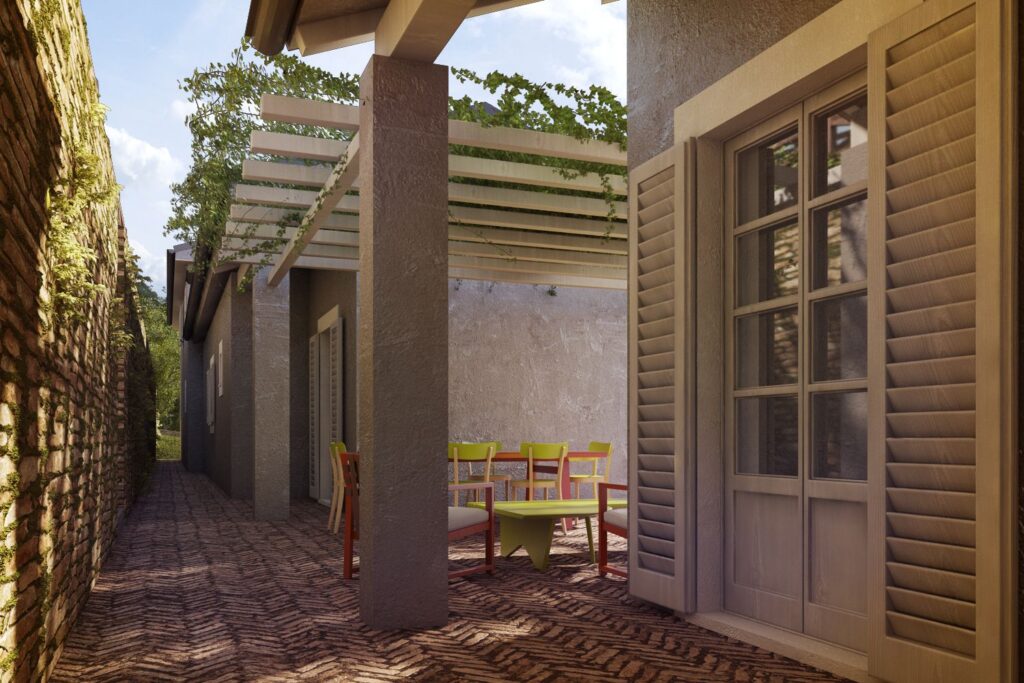 Residential 3D rendering exterior of the semi-covered hallway at the country house from ARCHITECTS CLERICI AND TUTUCCI