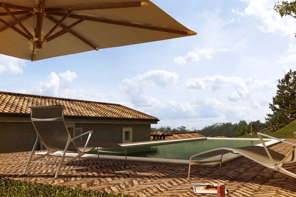 Exterior 3D rendering of the pool at the country house from ARCHITECTS CLERICI AND TUTUCCI