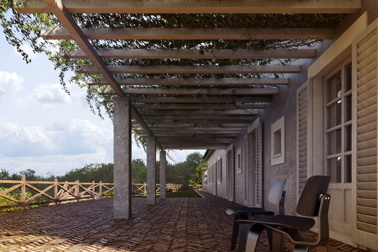 Exterior 3D rendering of the semi-covered balcony at the country house from ARCHITECTS CLERICI AND TUTUCCI