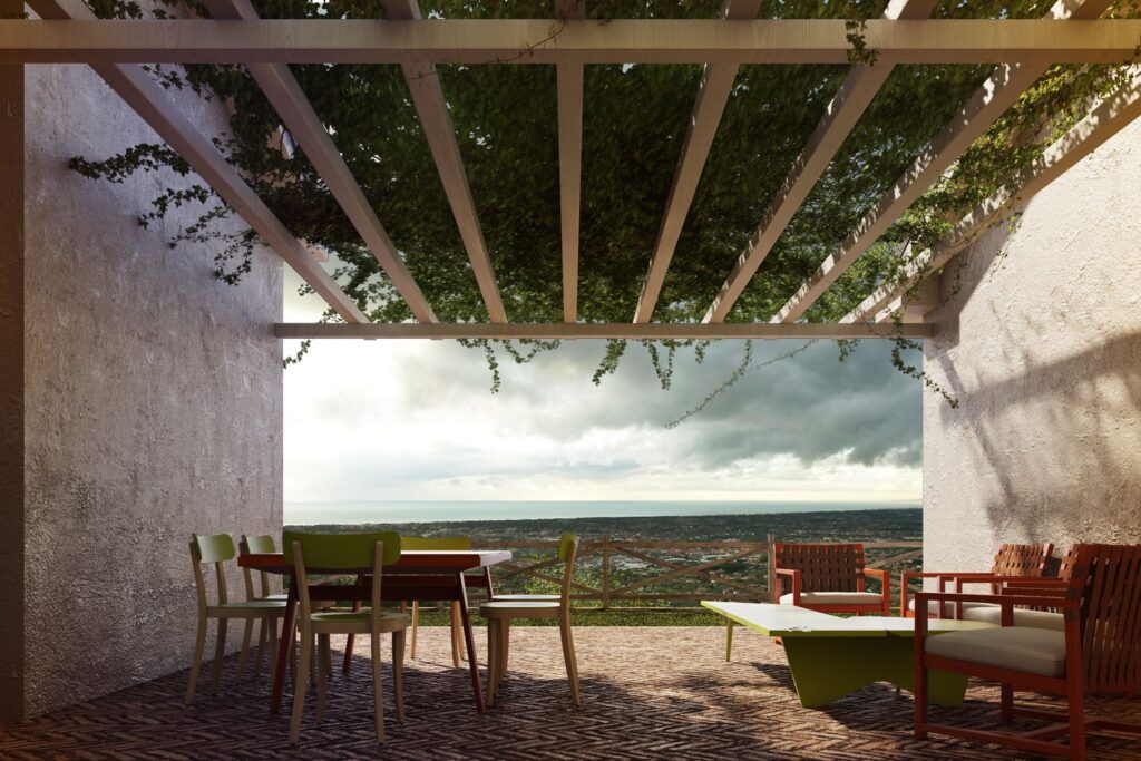 Exterior 3D rendering of semi-covered area with hallway furniture at the country house from ARCHITECTS CLERICI AND TUTUCCI