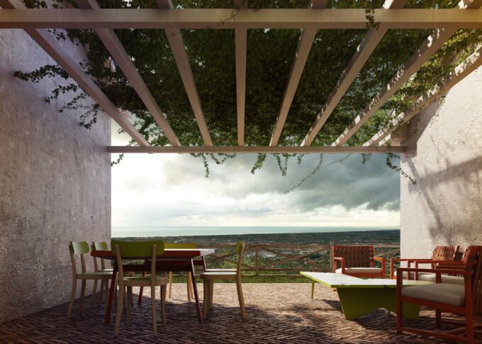 Exterior 3D rendering of semi-covered area with hallway furniture at the country house from ARCHITECTS CLERICI AND TUTUCCI