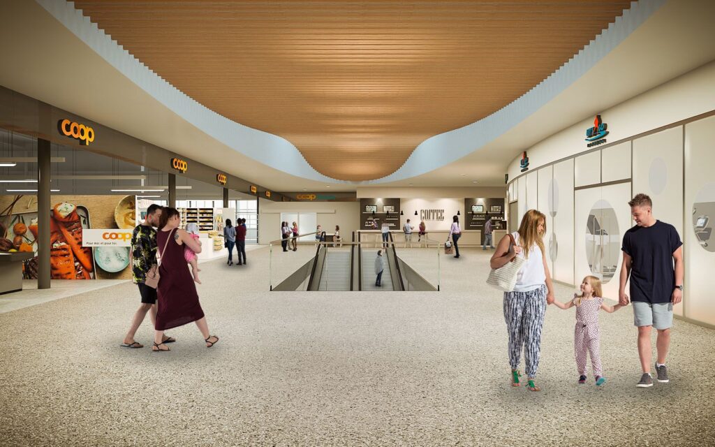 Comercial 3D rendering of the central hall at the coop supermarket