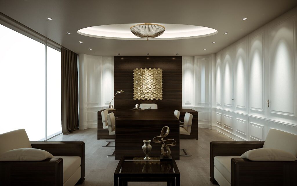 Kommerzielles 3D-Rendering des J&CO-Hauptbüros mit einer Holzwand mit goldenen Kunstwerken, einem langen Holztisch und cremefarbenen Lederstühlen