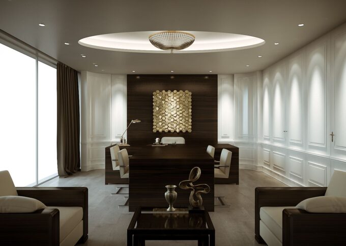 Commercial 3D rendering of the J&CO Headquarter office with a wooden wall featuring gold artwork, a long wooden table, and cream leather chairs