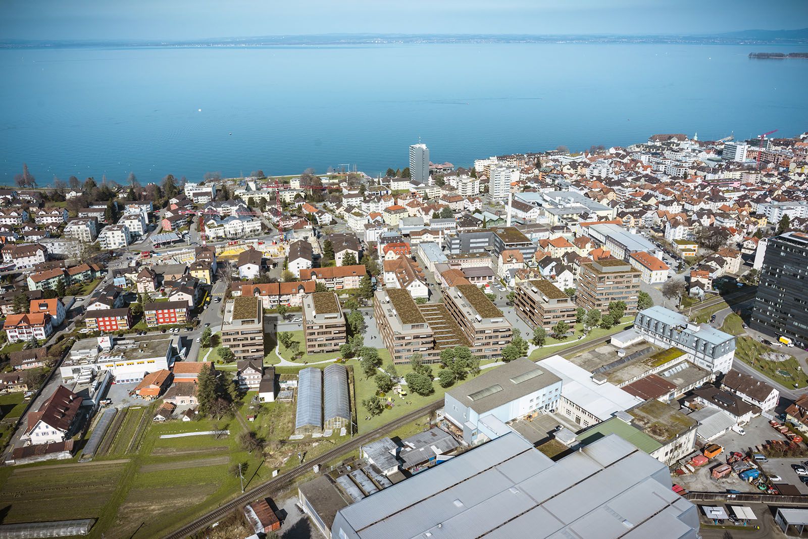Comercial 3D rendering of the new 6 buildings in Arealentwicklung Säntisstrasse near the factories