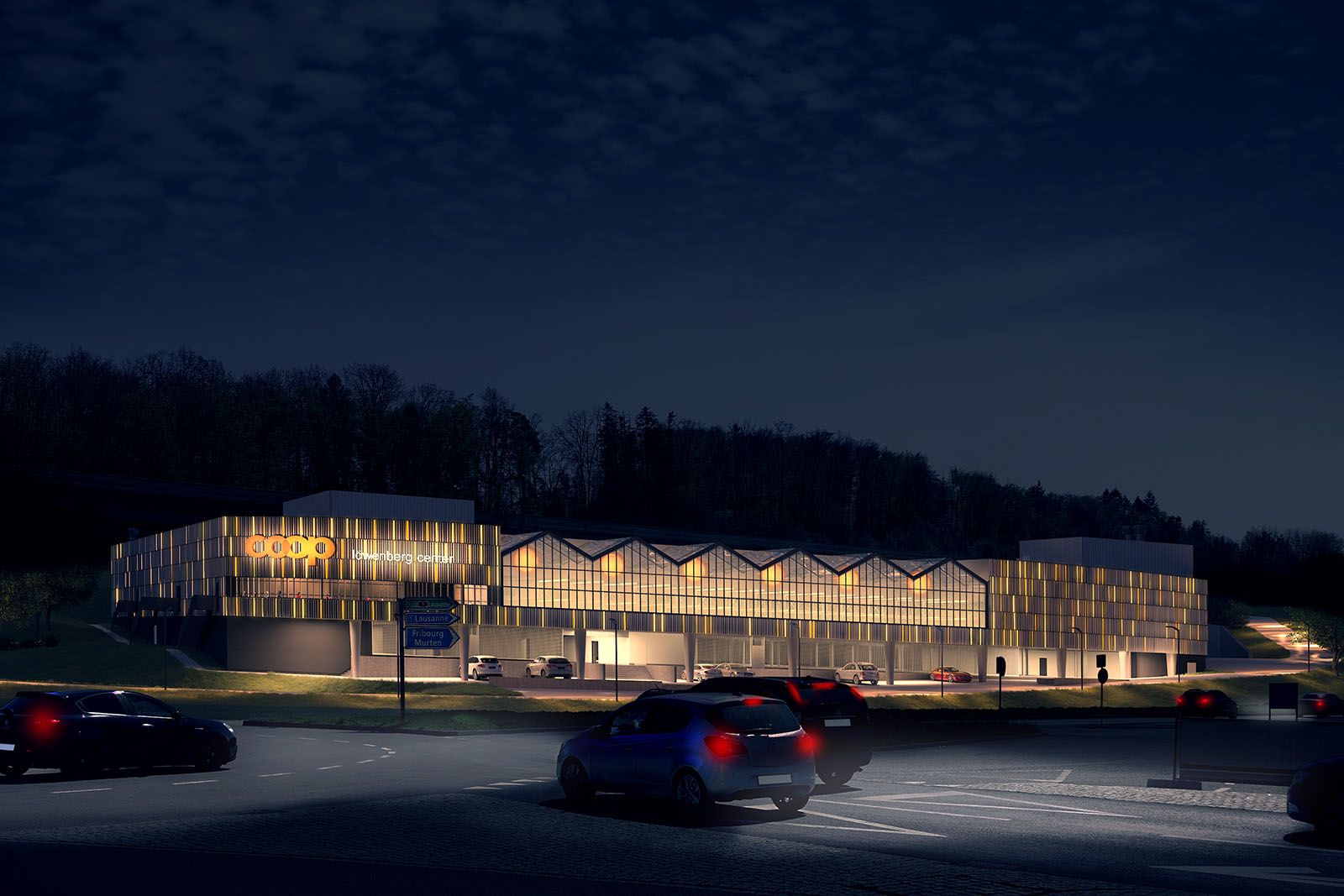 Exterior 3D rendering at night of the coop supermarket with decorative wood