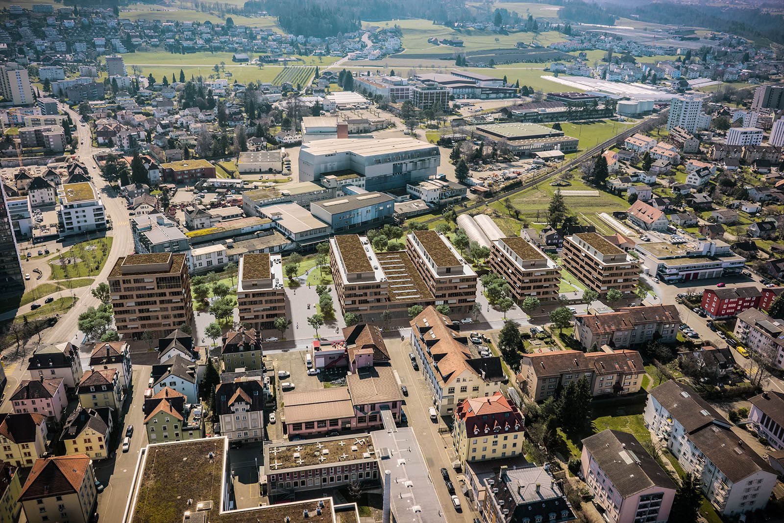 Urban 3D rendering of the 6 Arealentwicklung Säntisstrasse buildings integrated into the urban fabric