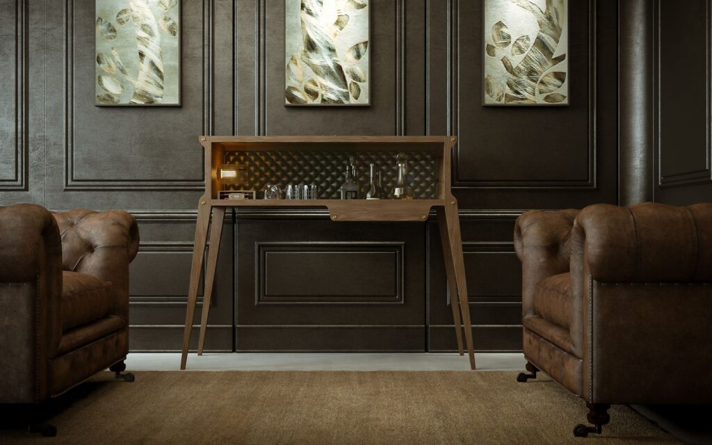 Furniture 3D rendering of the console bar by Renato Callegari made with wood and gold in a dark atmosphere