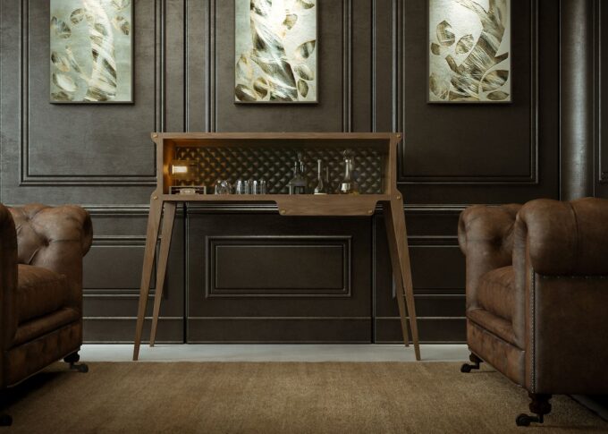 Furniture 3D rendering of the console bar by Renato Callegari made with wood and gold in a dark atmosphere
