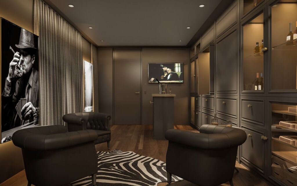 Furniture 3D rendering of the Boys Room decorated in an elegant style, floor-length curtains and brown leather armchairs