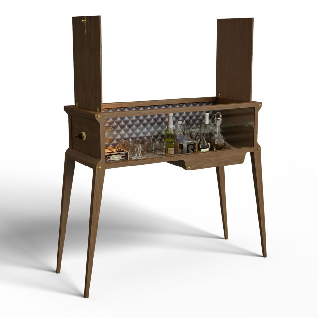 Furniture 3D rendering of the console bar made with wood and gold with the doors open from Renato Callegari