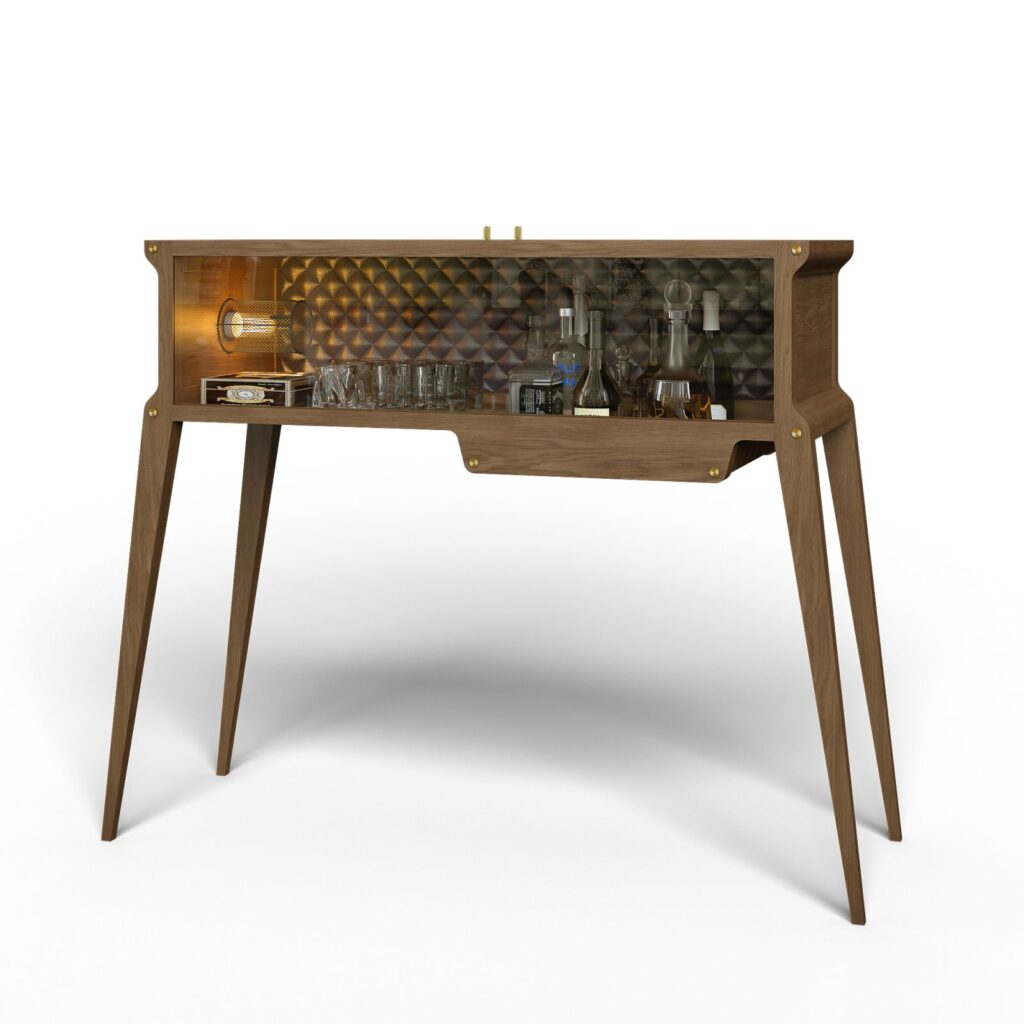 Furniture 3D rendering front view of the console bar made with wood and gold from Renato Callegari