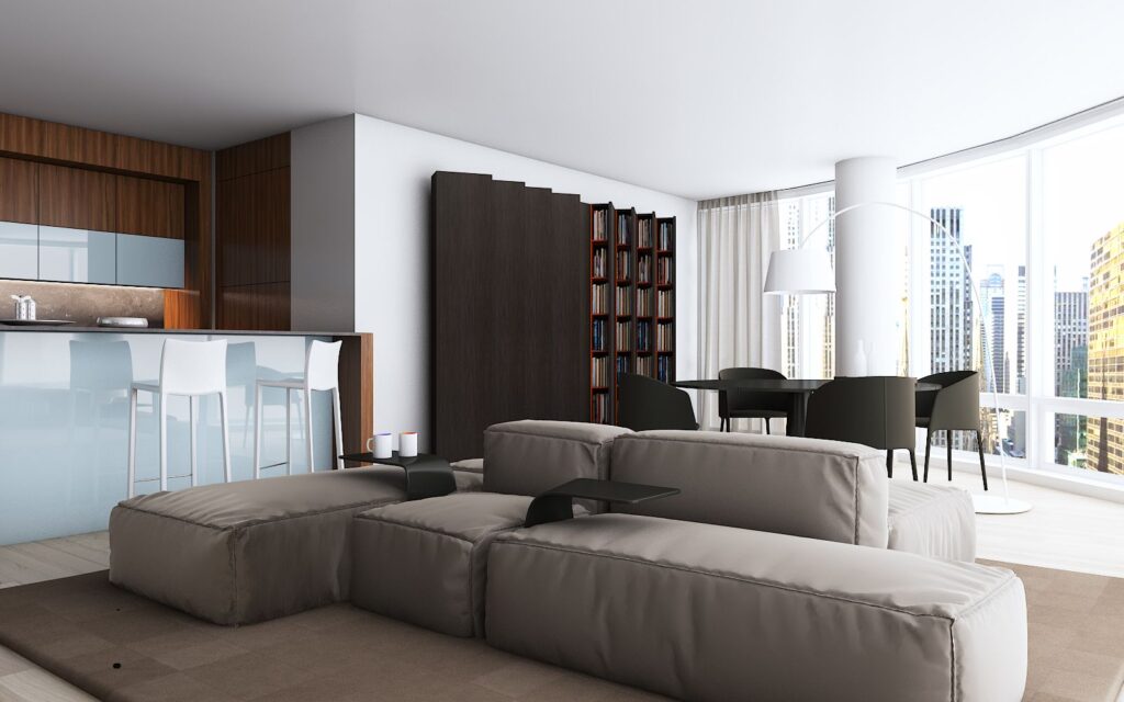 Interior 3D rendering of the open concept at the Astor residence