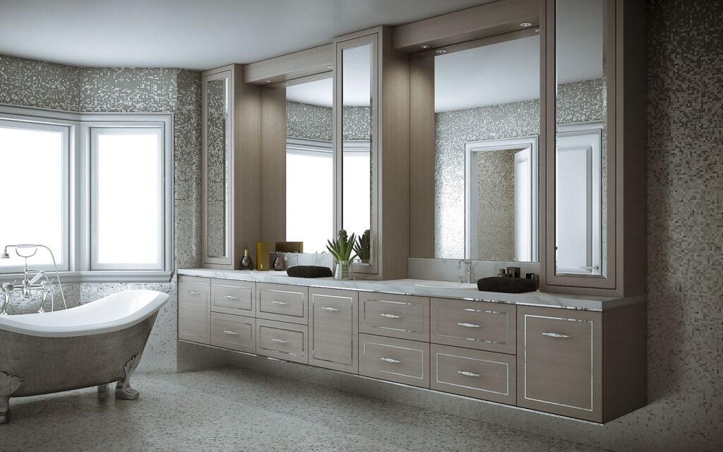 Interior 3d rendering of the modern bathroom full of mirrors at the family home-Shore Drive