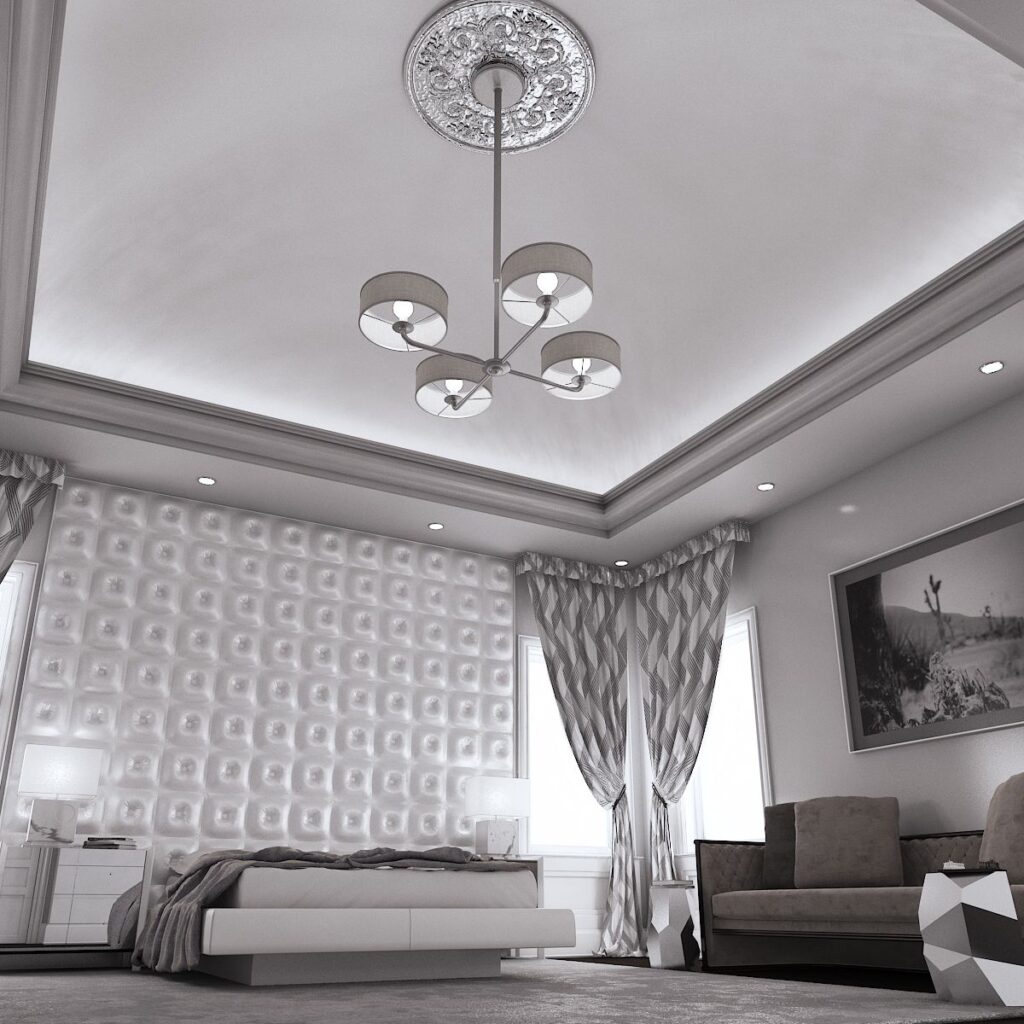 Interior 3D rendering of the Light House - Family Home elegant bedroom with textured white walls and a grey sofa