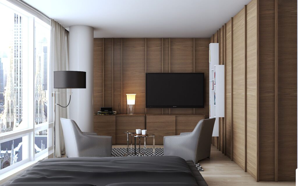 Interior 3D rendering of the bedroom, the windows and the modern furniture of the Astor residence