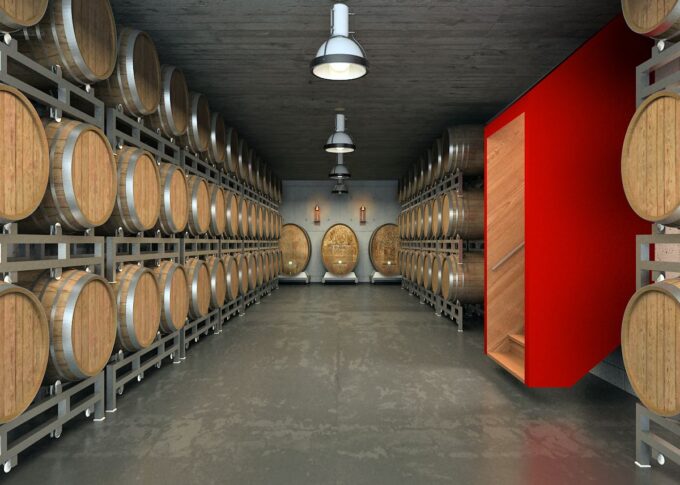 3D rendering interior of a modern wine cellar with exposed concrete