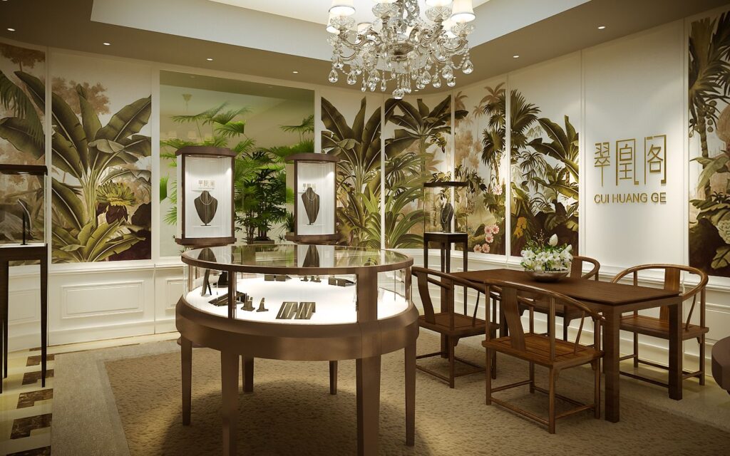 Comercial 3D rendering of the interior jewelry shop Zong Corner at the Four Seasons