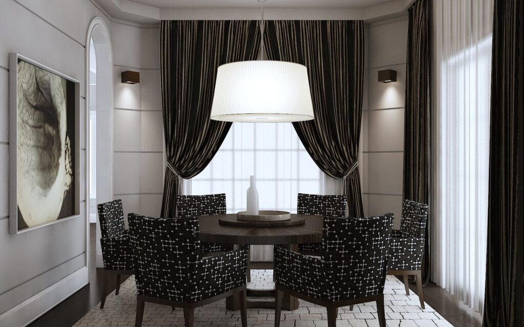 Interior 3D rendering of the Light House - Family Home dining room designed with textured walls and a white rug with black lines
