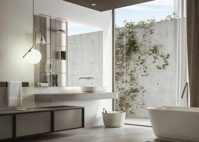 Interior 3D rendering of the white and grey furniture for a bathroom catalogue