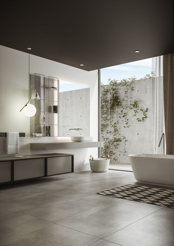 Interior 3D rendering of the white and grey furniture for a bathroom catalogue
