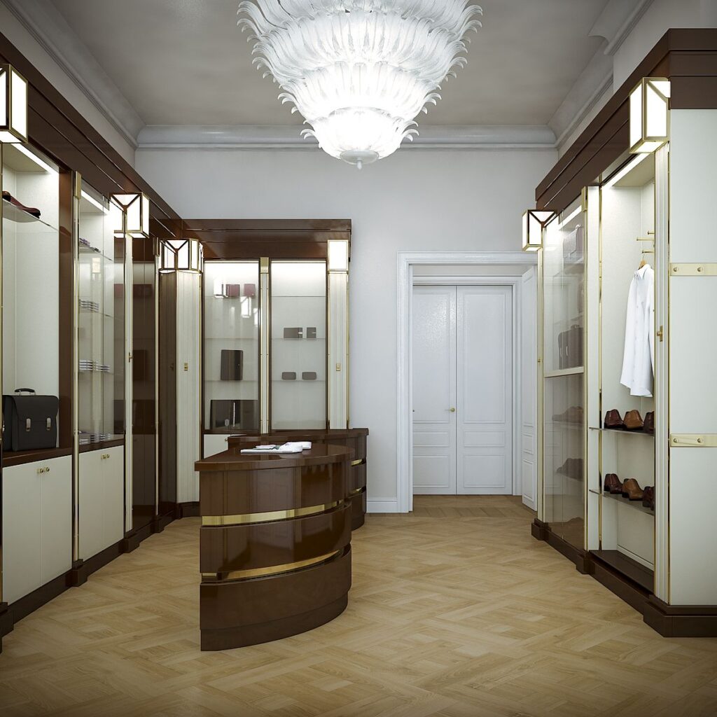 Interior 3D rendering of the Zilli store with wood and gold furniture